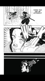Giyu safely incapacitates Nezuko while remarking the two siblings seem different. (Image via Shueisha Shonen Jump app)